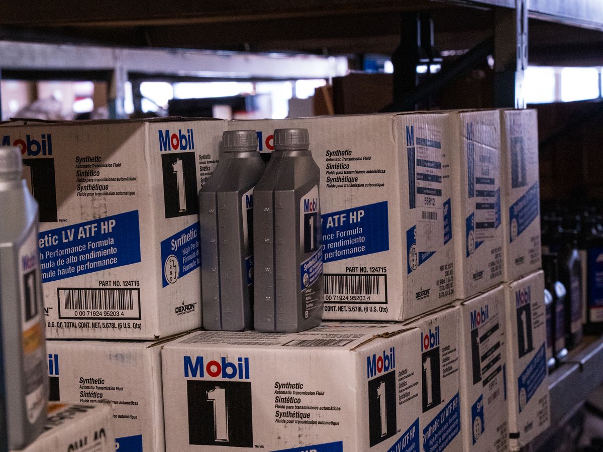 Boxes of Mobil 1 engine oil